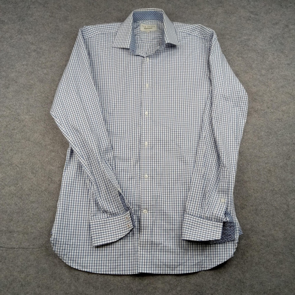 Ted Baker Shirt Mens 15 34/35 Blue Check 100% Cotton Dress Long Sleeve
